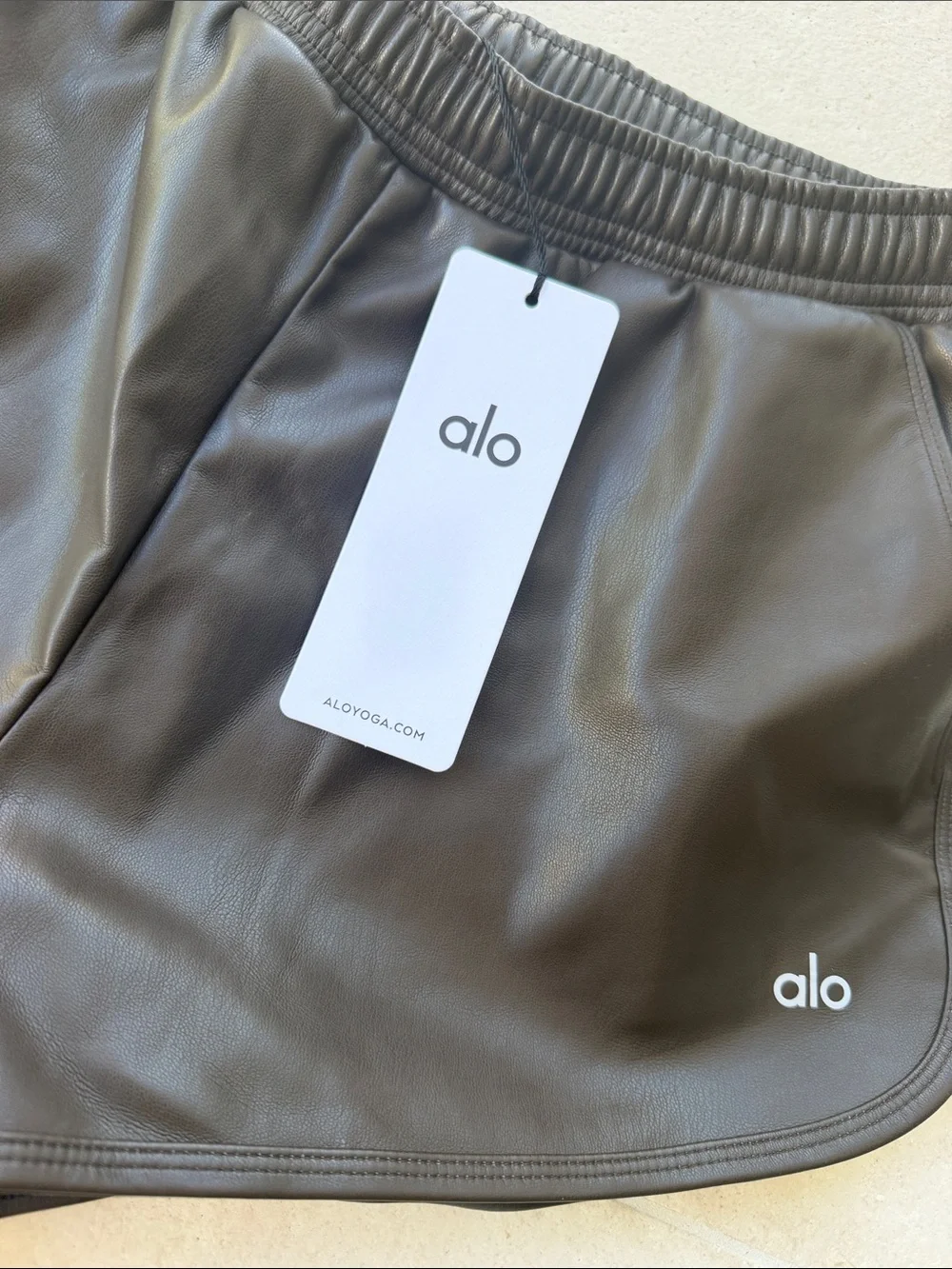 ALO Yoga Faux Leather Athletic Shorts in Dark Brown